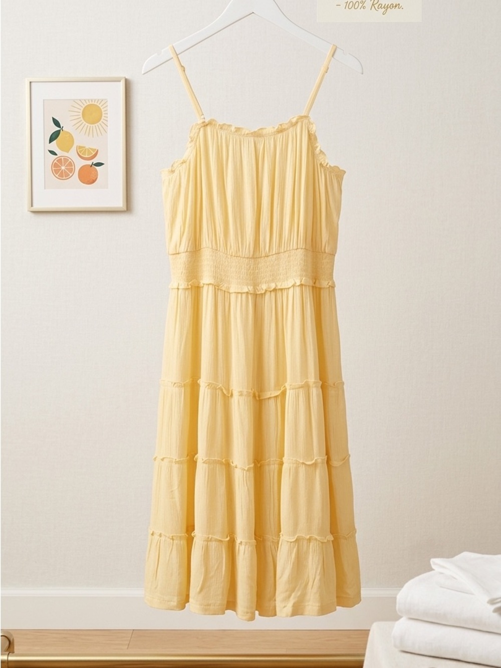 HOT KISS Pastel Yellow Tiered Smocked Midi Dress, Size XL